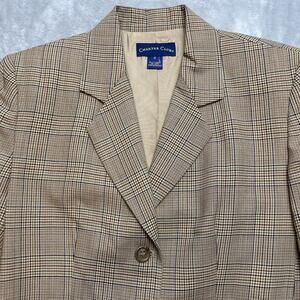 Vintage Charter Club Wool Blend Blazer Jacket Womens 4 Tan Glen Plaid Equestrian
